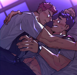 Rule 34 | 2boys, averting eyes, bara, blush, bulge, bulge press, bulges touching, facial hair, from side, goatee stubble, highres, male focus, multiple boys, muscular, muscular male, navel, navel hair, nervous smile, nervous sweating, original, partially undressed, pink hair, pout, purple hair, short hair, sideburns, smile, stomach, stubble, sweat, tearing up, thick eyebrows, ttn (239 239), yaoi