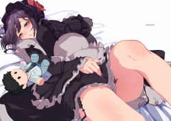 Rule 34 | 1girl, absurdres, animahakim, artist name, bed, bed sheet, black legwear, blush, body writing, breasts, chain, chain leash, cleavage, commission, fingernails, flower, frills, garter straps, gojou wakana, goth fashion, gothic lolita, hairband, half-closed eyes, highres, kitagawa marin, kuroe shizuku, large breasts, leash, lolita fashion, lolita hairband, long sleeves, looking at viewer, lying, nail polish, on back, open mouth, parted lips, purple eyes, purple nails, red flower, red rose, rose, simple background, sitting, solo, sono bisque doll wa koi wo suru, stuffed toy, thick thighs, thighs, white background, wig
