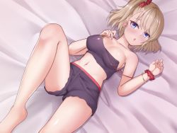 Rule 34 | 1girl, :o, azur lane, azur lane: slow ahead, bare shoulders, bed sheet, black camisole, black shorts, blue eyes, blush, bracelet, breasts, camisole, cleavage, collarbone, commentary, covered erect nipples, cowboy shot, crop top, eyebrows hidden by hair, hair between eyes, hair ornament, hair scrunchie, indoors, jewelry, large breasts, light brown hair, looking at viewer, loungewear, lying, midriff, navel, official alternate costume, on back, one side up, open mouth, red scrunchie, scrunchie, short hair, short shorts, shorts, sidelocks, sigeranai, solo, strap slip, wrist scrunchie, z23 (azur lane), z23 (keeper of the comf-fort) (azur lane)
