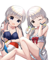 Rule 34 | 2girls, ;o, absurdres, ball, beachball, bikini, bikini skirt, blue bikini, blue eyes, blue nails, blush, bottle, bow, braid, braided bangs, breasts, brown eyes, cleavage, earrings, feet out of frame, frilled bikini, frills, grey hair, hair over shoulder, hands up, highres, hisakawa hayate, hisakawa nagi, holding, holding bottle, idolmaster, idolmaster cinderella girls, jewelry, knees up, long hair, low twintails, medium breasts, multiple girls, nail polish, one eye closed, parted lips, red bow, siblings, simple background, sisters, striped bikini, striped clothes, swimsuit, twins, twintails, very long hair, water bottle, white background, yata (yatao zzz), yellow nails