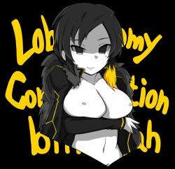 Rule 34 | 1girl, arm under breasts, binah (project moon), black background, black coat, black eyes, black hair, blonde hair, breasts, character name, closed mouth, coat, collarbone, colored skin, commentary, highres, lobotomy corporation, looking at viewer, mole, multicolored hair, navel, nipples, open clothes, open coat, project moon, short hair, smile, solo, touyakakasi, two-tone hair, upper body, white skin