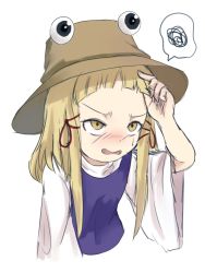 Rule 34 | 1girl, arm at side, arm up, bad id, bad pixiv id, blonde hair, blunt bangs, blush, brown headwear, forehead, frustrated, hair tie, hand in own hair, highres, long sleeves, moriya suwako, nose blush, open mouth, purple vest, shirt, sidelocks, sketch, solo, spoken squiggle, squiggle, suguni, sweatdrop, touhou, turtleneck, upper body, vest, white shirt, wide sleeves, yellow eyes