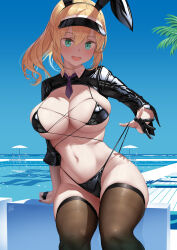 Rule 34 | 1girl, absurdres, ahoge, alternate costume, animal ears, artoria pendragon (fate), bikini, black bikini, black hat, black jacket, black thighhighs, blonde hair, blue necktie, blush, breasts, cleavage, cropped jacket, fake animal ears, fate/grand order, fate (series), flat cap, green eyes, groin, hair between eyes, hat, highres, huge breasts, jacket, large breasts, long hair, long sleeves, looking at viewer, medium hair, meme attire, micro bikini, mysterious heroine x (fate), mysterious heroine xx (fate), navel, necktie, open mouth, outdoors, ponytail, rabbit ears, reverse bunnysuit, reverse outfit, shrug (clothing), sidelocks, sitting, skindentation, sky, smile, solo, stomach, strap pull, swimsuit, thick thighs, thighhighs, thighs, uo denim, wide hips