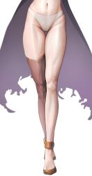 Rule 34 | 1girl, black cape, black thighhighs, cape, gluteal fold, gold footwear, gold trim, groin, highres, hololive, hololive english, legs, long legs, lower body, mori calliope, mori calliope (1st costume), navel, panties, shiny skin, simple background, single thighhigh, skindentation, solo, spicyyrum, standing, thigh gap, thighhighs, torn cape, torn clothes, underwear, virtual youtuber, white background, white panties