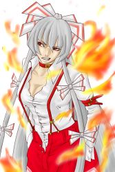 Rule 34 | 1girl, angry, breasts, cleavage, clenched teeth, collar, cowboy shot, female focus, fire, fujiwara no mokou, hair ribbon, hands in pockets, long hair, looking to the side, medium breasts, partially unbuttoned, red collar, red eyes, ribbon, shirt, silver hair, solo, suspenders, teeth, touhou, transparent background, versapro, very long hair, white shirt