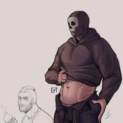 Rule 34 | 2boys, absurdres, bara, black hoodie, black male underwear, black pants, bottle, call of duty, call of duty: modern warfare 2, clothes lift, crushing, facial hair, ghost (modern warfare 2), highres, holding, holding bottle, hood, hood down, hoodie, hoodie lift, lifting own clothes, looking at another, male focus, male underwear, male underwear peek, mask, midriff peek, multiple boys, muscular, muscular male, navel, open pants, pants, partially colored, short hair, skull mask, soap (modern warfare 2), sundaycat3, underwear, water bottle, yaoi