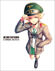 Rule 34 | 10s, 1girl, 2013, artist name, boots, brown hair, character name, dated, erwin (girls und panzer), foreshortening, from above, girls und panzer, hat, hat tip, jacket, k-suwabe, military, military hat, military jacket, ooarai school uniform, peaked cap, school uniform, serafuku, simple background, solo, standing, white background