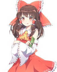 Rule 34 | 1girl, :d, ascot, bare shoulders, between fingers, blush, bow, brown eyes, brown hair, collared shirt, detached sleeves, frilled bow, frilled shirt collar, frilled skirt, frills, hair bow, hair tubes, hakurei reimu, highres, holding, kaoling, long hair, long sleeves, looking at viewer, money, open mouth, red bow, red shirt, red skirt, ribbon-trimmed sleeves, ribbon trim, shirt, sidelocks, simple background, skirt, sleeveless, sleeveless shirt, smile, solo, touhou, white background, white sleeves, wide sleeves, yellow ascot