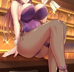 Rule 34 | 1girl, arm support, bar (place), bottle, breasts, cup, drinking glass, fate/grand order, fate (series), head out of frame, highleg, highleg leotard, highres, ijima yuu, indoors, large breasts, bridal garter, leotard, long hair, navel, official alternate costume, open mouth, pantyhose, parted lips, scathach (piercing bunny) (fate), playboy bunny, purple hair, purple leotard, scathach (fate), solo, very long hair, wine glass