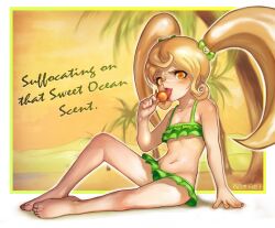 Rule 34 | 1girl, absurdres, arm support, bare arms, bare legs, bare shoulders, barefoot, beach, bikini, blonde hair, blush, candy, cat hair ornament, danganronpa (series), danganronpa 2: goodbye despair, english text, flat chest, food, green bikini, groin, hair ornament, highres, holding, holding candy, holding food, holding lollipop, lollipop, long hair, navel, onimiere, orange eyes, outline, palm tree, saionji hiyoko, sitting, solo, swimsuit, tongue, tongue out, translation request, tree, twintails, white outline