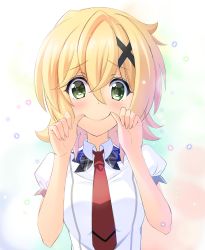 Rule 34 | 1girl, absurdres, akatsuki kirika, blonde hair, blush, breasts, closed mouth, commentary request, finger to mouth, green eyes, hair between eyes, highres, looking at viewer, lydian academy school uniform, necktie, nyanmaru, school uniform, senki zesshou symphogear, shirt, short hair, short sleeves, small breasts, smile, solo, upper body, white shirt