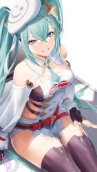 Rule 34 | 1girl, aqua eyes, aqua hair, aqua necktie, bare shoulders, beret, black gloves, breasts, cleavage, collarbone, fingerless gloves, from above, gloves, goodsmile racing, grin, hair between eyes, hair ornament, hat, hatsune miku, highres, kirachamo, lap pillow invitation, long hair, looking at viewer, medium breasts, micro shorts, necktie, racing miku, racing miku (2023), shorts, sideless outfit, sidelocks, simple background, sitting, smile, smiley face, solo, star (symbol), star hair ornament, thighhighs, thighs, twintails, very long hair, vocaloid