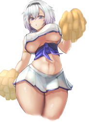 Rule 34 | 1girl, :o, armlet, azur lane, black hairband, blush, breasts, cheerleader, commentary request, cowboy shot, cropped legs, from below, grey hair, hair between eyes, hairband, hand up, highres, holding, holding pom poms, large breasts, looking at viewer, midriff, miniskirt, moppo, navel, pleated skirt, pom pom (cheerleading), pom poms, purple eyes, purple sash, reno (azur lane), reno (biggest little cheerleader) (azur lane), sash, shirt, short hair, sidelocks, simple background, skirt, sleeveless, sleeveless shirt, solo, standing, underboob, white background, white skirt