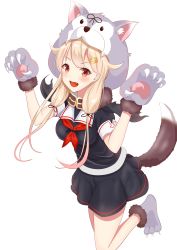 Rule 34 | 1girl, :d, absurdres, alternate costume, animal hands, animal hood, black ribbon, black serafuku, blonde hair, blush, breasts, claws, fang, gloves, hair flaps, hair ornament, hair ribbon, hairclip, hands up, highres, hood, hood up, kantai collection, leg up, long hair, looking at viewer, low twintails, neckerchief, open mouth, paw gloves, paw shoes, pleated skirt, red eyes, ribbon, scarf, school uniform, serafuku, simple background, skirt, sleeve cuffs, smile, solo, tail, twintails, white background, yuudachi (kancolle), yuudachi kai ni (kancolle), zuki