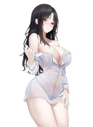 Rule 34 | 1girl, bare shoulders, black hair, blush, breasts, cleavage, closed mouth, collarbone, commentary, commission, covered erect nipples, cowboy shot, forehead, grey eyes, hair over shoulder, highres, large breasts, long hair, long sleeves, looking at viewer, mohaka (m 0haka), navel, off shoulder, original, parted bangs, shadow, shirt, simple background, solo, symbol-only commentary, white background, white shirt, white sleeves, ||/