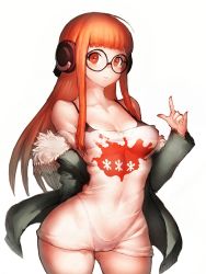 Rule 34 | 10s, 1girl, bikini, bikini under clothes, breasts, cleavage, fumio (rsqkr), fur trim, glasses, headphones, jacket, lingerie, long hair, looking at viewer, orange eyes, orange hair, persona, persona 5, sakura futaba, see-through, shirt, simple background, small breasts, smile, solo, swimsuit, underwear, white background