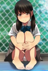 Rule 34 | 1girl, absurdres, bare legs, barefoot, black hair, blue bow, blurry, blurry background, blush, bow, brown eyes, chain-link fence, closed mouth, collared shirt, day, depth of field, fence, grey skirt, hair over shoulder, highres, knees up, hugging own legs, long hair, low twintails, matsunaga kouyou, nose blush, original, outdoors, panties, pigeon-toed, pleated skirt, polka dot, polka dot panties, shirt, sitting, skirt, smile, solo, twintails, underwear, white panties, white shirt