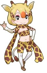 Rule 34 | 1girl, animal costume, animal ear fluff, animal ears, animal print, black eyes, eyeshadow, game cg, giraffe costume, giraffe ears, giraffe girl, giraffe horns, giraffe print, giraffe tail, highres, horns, juuou giraffe (kemono friends), kemono friends, kneehighs, looking at viewer, makeup, multicolored hair, official art, scarf, shoes, short hair, shorts, socks, solo, standing, tachi-e, tail, transparent background, yoshizaki mine