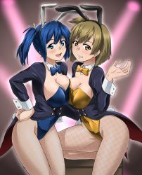 Rule 34 | 2girls, absurdres, akito (sub707), animal ears, asymmetrical docking, black coat, blue eyes, blue hair, blue leotard, blue neckwear, blurry, bow, bowtie, breast press, breasts, brown eyes, brown hair, cleavage, coat, depth of field, detached collar, fake animal ears, fishnet legwear, fishnets, gold bowtie, gold leotard, highres, hiryuu (kancolle), kantai collection, large breasts, leotard, looking at viewer, multiple girls, one side up, pantyhose, playboy bunny, rabbit ears, rabbit tail, short hair, smile, souryuu (kancolle), spotlight, strapless, strapless leotard, tail, tailcoat, twintails, wrist cuffs