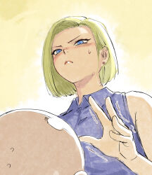 Rule 34 | 1boy, 1girl, android 18, bald, blonde hair, blue eyes, blue shirt, blush, closed mouth, collared shirt, commentary, dragon ball, dragonball z, earrings, flustered, from below, fujii eishun, height difference, highres, jeans jacket, jewelry, kuririn, looking down, nose blush, shirt, sleeveless, sleeveless shirt, sweatdrop, trembling