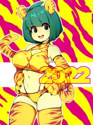 Rule 34 | 1girl, 2022, absurdres, alc.2873890, animal ears, animal print, blue eyes, blunt bangs, breasts, chinese zodiac, cleavage cutout, clothing cutout, colored skin, commentary, english commentary, green hair, highres, large breasts, lips, looking at viewer, navel, open mouth, original, red background, short hair, slugbox, smile, solo, tail, thighhighs, tiger ears, tiger print, tiger tail, two-tone background, year of the tiger, yellow background, yellow skin, yellow thighhighs