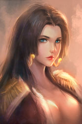 Rule 34 | 1girl, blue eyes, boa hancock, breasts, brown hair, chaosringen, cleavage, earrings, epaulettes, female focus, highres, jewelry, large breasts, lips, lipstick, long hair, looking at viewer, makeup, nose, one piece, portrait, realistic, red lips, snake earrings, solo
