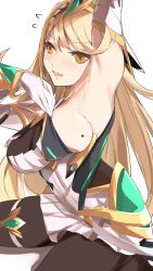 Rule 34 | 1girl, arm up, armpit peek, blonde hair, blush, breasts, dress, elbow gloves, gem, gloves, hair ornament, headpiece, highres, jewelry, long hair, looking at viewer, mythra (massive melee) (xenoblade), mythra (xenoblade), nintendo, open mouth, pantyhose, sitting, skirt, solo, super smash bros., sweat, tiara, very long hair, white dress, xenoblade chronicles (series), xenoblade chronicles 2, yellow eyes