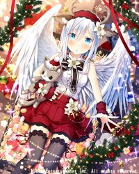 Rule 34 | 1girl, animal ears, antlers, black thighhighs, blue eyes, blush, bow, christmas, cross, cross necklace, deer ears, fake animal ears, fake antlers, falkyrie no monshou, flower, hat, heart, holding, holding stuffed toy, horns, jewelry, long hair, looking at viewer, natsumekinoko, necklace, official art, parted lips, red bow, reindeer antlers, santa hat, silver hair, solo, stuffed animal, stuffed cat, stuffed toy, thighhighs