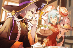 Rule 34 | 1boy, 1girl, blue hair, breasts, china dress, chinese clothes, commentary request, double bun, dress, eating, food, grey hair, hair bun, hat, highres, holding, holding food, indoors, inkamuko, kura sushi, large breasts, long hair, official alternate costume, official alternate hairstyle, oito (bowstringsmall), red eyes, short hair, sitting, sunglasses, waruiman