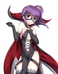 Rule 34 | 10s, 1girl, arsene, arsene (cosplay), breasts, cape, center opening, clothing cutout, cosplay, cross-laced clothes, cross-laced cutout, dress, elbow gloves, gloves, hercule barton, highres, long hair, mask, mugi (iccomae), navel, purple hair, red eyes, side ponytail, small breasts, solo, tantei opera milky holmes, thighhighs