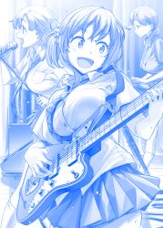 Rule 34 | 3girls, :d, blue theme, breasts, comic, commentary request, concert, electric guitar, eyebrows, fang, fender jazzmaster, greyscale, guitar, hair ribbon, himura kiseki, instrument, large breasts, long hair, microphone stand, miniskirt, monochrome, multiple girls, music, necktie, open mouth, original, playing instrument, pleated skirt, ribbon, school uniform, short hair, silent comic, singing, skirt, smile, stage, twintails