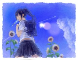 Rule 34 | 1girl, aircraft, airplane, backgrack, backpack, bad id, bad pixiv id, bag, blue eyes, blue hair, chest1023, chesunatto, cloud, contrail, day, flower, food, matching hair/eyes, original, place, ponytail, popsicle, school uniform, skirt, solo, sunflower, sweat