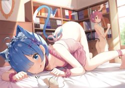 Rule 34 | 2girls, :o, :q, alternate costume, animal, animal ears, apron, artist name, ass, barefoot, bell, black choker, blue eyes, blue hair, book, bottomless, breasts, cat ears, cat girl, cat tail, chintora0201, choker, cleaning, cleaning brush, collarbone, commentary request, day, downblouse, female focus, flower knot, from behind, hair ornament, hair over one eye, hair ribbon, indoors, kemonomimi mode, looking at viewer, looking back, matching hair/eyes, mirror, mouse (animal), multiple girls, naked apron, notice lines, on bed, paper, pink apron, pink hair, ram (re:zero), re:zero kara hajimeru isekai seikatsu, rem (re:zero), ribbon, short hair, siblings, sisters, small breasts, smile, standing, tail, tongue, tongue out, top-down bottom-up, twins, white apron, window, wrist cuffs, x hair ornament