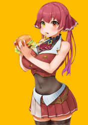Rule 34 | 1girl, ascot, black thighhighs, breasts, burger, cleavage, commentary request, covered navel, eating, food, gradient hair, hair ribbon, heterochromia, highres, holding, holding food, hololive, houshou marine, large breasts, long hair, looking at viewer, multicolored hair, ootsuka you, pleated skirt, purple hair, red ascot, red eyes, red hair, red ribbon, red skirt, ribbon, see-through, see-through cleavage, simple background, skirt, sleeveless, solo, thighhighs, twintails, virtual youtuber, yellow background, yellow eyes, zettai ryouiki