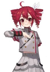 Rule 34 | 1girl, ahoge, drill hair, grey jacket, grey skirt, hand on own chest, jacket, kasane teto, kasane teto (sv), looking at viewer, red eyes, red hair, simple background, skirt, smile, solo, synthesizer v, twin drills, upper body, utau, white background, wuju (1198979953)
