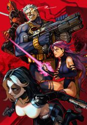 Rule 34 | 2boys, 2girls, belt pouch, black hair, bodysuit, breasts, cable (marvel), cleavage, deadpool, deadpool (series), domino (marvel), gun, holding, holding gun, holding weapon, hungry clicker, leg belt, leotard, looking up, marvel, mask, multiple boys, multiple girls, pouch, psylocke, purple hair, red background, short hair, skin tight, sword, thighhighs, thighs, weapon, weapon on back
