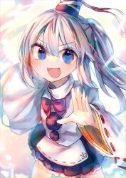 Rule 34 | 1girl, :d, bloom, blue eyes, bow, bowtie, commentary request, from above, grey background, grey hair, hair between eyes, hand up, hat, highres, itsumizu, japanese clothes, kariginu, looking at viewer, mononobe no futo, open mouth, pom pom (clothes), ponytail, simple background, smile, solo, tate eboshi, touhou, v-shaped eyebrows, wide sleeves