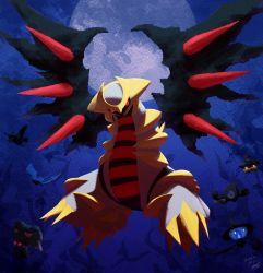 Rule 34 | bird, black sclera, claws, colored sclera, commentary request, creatures (company), ewokakukaede, from below, game freak, gen 1 pokemon, gen 2 pokemon, gen 4 pokemon, gen 5 pokemon, gen 6 pokemon, giratina, giratina (altered), glowing, glowing eyes, highres, lampent, legendary pokemon, looking at viewer, misdreavus, moon, murkrow, night, nintendo, no humans, outdoors, pokemon, pokemon (creature), pumpkaboo, red eyes, silhouette, solo, spikes, yamask, zubat