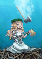 Rule 34 | 1girl, axe, blonde hair, dragon quest, dragon quest iii, folklore, honest axe, laurel crown, long hair, original, parody, solo, the honest woodsman (fable), underwater, weapon, yajirushi (chanoma), yellow eyes