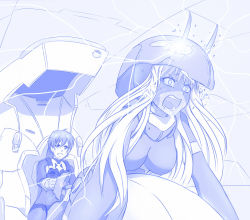 Rule 34 | 10s, 1boy, 1girl, all fours, blue theme, bodysuit, breasts, broken, character request, clenched teeth, commentary, darling in the franxx, electricity, fangs, foreshortening, helmet, highres, horns, large breasts, long hair, monochrome, open mouth, pilot suit, teeth, v-shaped eyebrows, viperxtr, wide-eyed