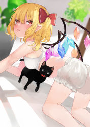 Rule 34 | 1girl, absurdres, all fours, artist name, ass, bare shoulders, black cat, blonde hair, bloomers, blurry, blurry background, blush, bow, bowtie, bra, breasts, cat, commentary request, crystal, dutch angle, feet out of frame, fisheye, flandre scarlet, hair between eyes, hair bow, highres, looking at viewer, looking back, niseneko (mofumofu ga ienai), no headwear, one side up, parted lips, plant, potted plant, red bow, red bowtie, red eyes, short hair, small breasts, solo, touhou, tree, underwear, underwear only, wings