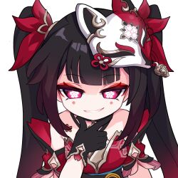 Rule 34 | 1girl, bare shoulders, black gloves, black hair, blunt bangs, chibi, commentary request, dress, eyeshadow, facial mark, fox mask, gloves, grin, highres, honkai: star rail, honkai (series), long hair, looking at viewer, makeup, mask, mask on head, pink eyes, red dress, short sleeves, simple background, smile, solo, sparkle (honkai: star rail), twintails, upper body, very long hair, white background, xtacy