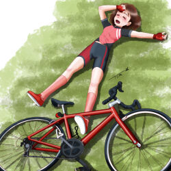 Rule 34 | 1girl, bicycle, bike jersey, bike shorts, brown hair, chutohampa, closed eyes, cycling uniform, fingerless gloves, full body, gloves, grass, hand on own forehead, lying, on back, open mouth, original, outdoors, shoes, short hair, signature, solo
