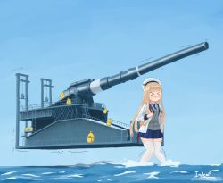 Rule 34 | &gt; &lt;, 1girl, :t, artillery, azur lane, beret, bird, blonde hair, blue jacket, blue neckwear, blue skirt, blue sky, blunt bangs, blush, breasts, cannon, cardigan, chick, closed eyes, collared shirt, commentary, english commentary, grey cardigan, hat, highres, icarus (azur lane), indexo4, jacket, knees together feet apart, long hair, long sleeves, manjuu (azur lane), necktie, ocean, open clothes, oversized object, pleated skirt, railway gun, schwerer gustav, self-propelled artillery, shirt, sidelocks, siege artillery, siege weapon, signature, skindentation, skirt, sky, small breasts, solo focus, standing, thighhighs, trembling, twitter username, undershirt, wading, wavy mouth, white headwear, white shirt, white thighhighs, zettai ryouiki