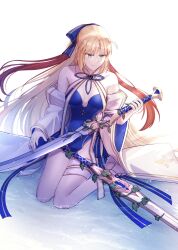 Rule 34 | 1girl, ahoge, artoria caster (fate), artoria caster (swimsuit) (fate), artoria caster (swimsuit) (third ascension) (fate), artoria pendragon (fate), bare legs, bare shoulders, blonde hair, blue bow, blue one-piece swimsuit, blue ribbon, bow, breasts, diamond (shape), double-blade, fate/grand order, fate (series), full body, gold trim, green eyes, hair bow, highres, holding, holding sword, holding weapon, long hair, long sleeves, looking down, one-piece swimsuit, ornament, red hair, ribbon, sitting, sitting on water, small breasts, smile, swimsuit, sword, twintails, very long hair, water, weapon, white background, white footwear, white ribbon, yamano udumi
