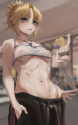 Rule 34 | 2girls, abs, absurdres, artoria pendragon (all), artoria pendragon (fate), blonde hair, breasts, covered erect nipples, exercising, fate/grand order, fate (series), female focus, green eyes, highres, jewelry, medium breasts, midriff, mookie (e mook9), mordred (fate), mordred (fate/apocrypha), mother and daughter, multiple girls, navel, necklace, pants, saber (fate), see-through, short hair, short ponytail, stomach, sweat, tank top, track pants, underboob