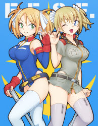 Rule 34 | 1girl, ;d, abiko yuuji, blonde hair, blue eyes, breasts, dual persona, fingerless gloves, gloves, gundam, gundam card builder, highleg, highleg leotard, hip focus, large breasts, leotard, looking at viewer, one eye closed, open mouth, red eyes, reiko holinger, short hair, short twintails, simple background, smile, solo, thick thighs, thighhighs, thighs, twintails, white thighhighs