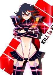 Rule 34 | 10s, 1girl, :&lt;, black hair, blue eyes, blush, breasts, copyright name, crossed arms, date naoto, embarrassed, glint, glowing, hairpods, highres, horns, kill la kill, matoi ryuuko, multicolored hair, navel, red hair, revealing clothes, senketsu, short hair, skirt, sparkle, suspenders, thighhighs, two-tone hair, underboob