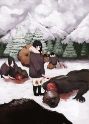 Rule 34 | 3girls, absurdres, akiosketch, axe, black eyes, black footwear, black gloves, black hair, blood, bloody weapon, boots, brown coat, butchering, cloud, cloudy sky, coat, commentary, decapitation, dragging, english commentary, fur trim, gloves, guro, highres, holding, holding weapon, kneeling, long sleeves, machete, monster, mountain, multiple girls, original, outdoors, pants, pine tree, sack, sky, snow, standing, tree, weapon, werewolf, white pants, winter