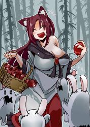 Rule 34 | +++, 1girl, ^ ^, animal ears, apple, bamboo, bare shoulders, basket, breasts, brooch, brown hair, cleavage, closed eyes, collarbone, cowboy shot, dress, closed eyes, fang, food, fruit, ghost costume, halloween costume, hands up, heiseikorotaisei, holding, holding food, holding fruit, imaizumi kagerou, jewelry, large breasts, laughing, long sleeves, off shoulder, open mouth, outdoors, rabbit ears, smile, standing, touhou, wide sleeves, wolf ears